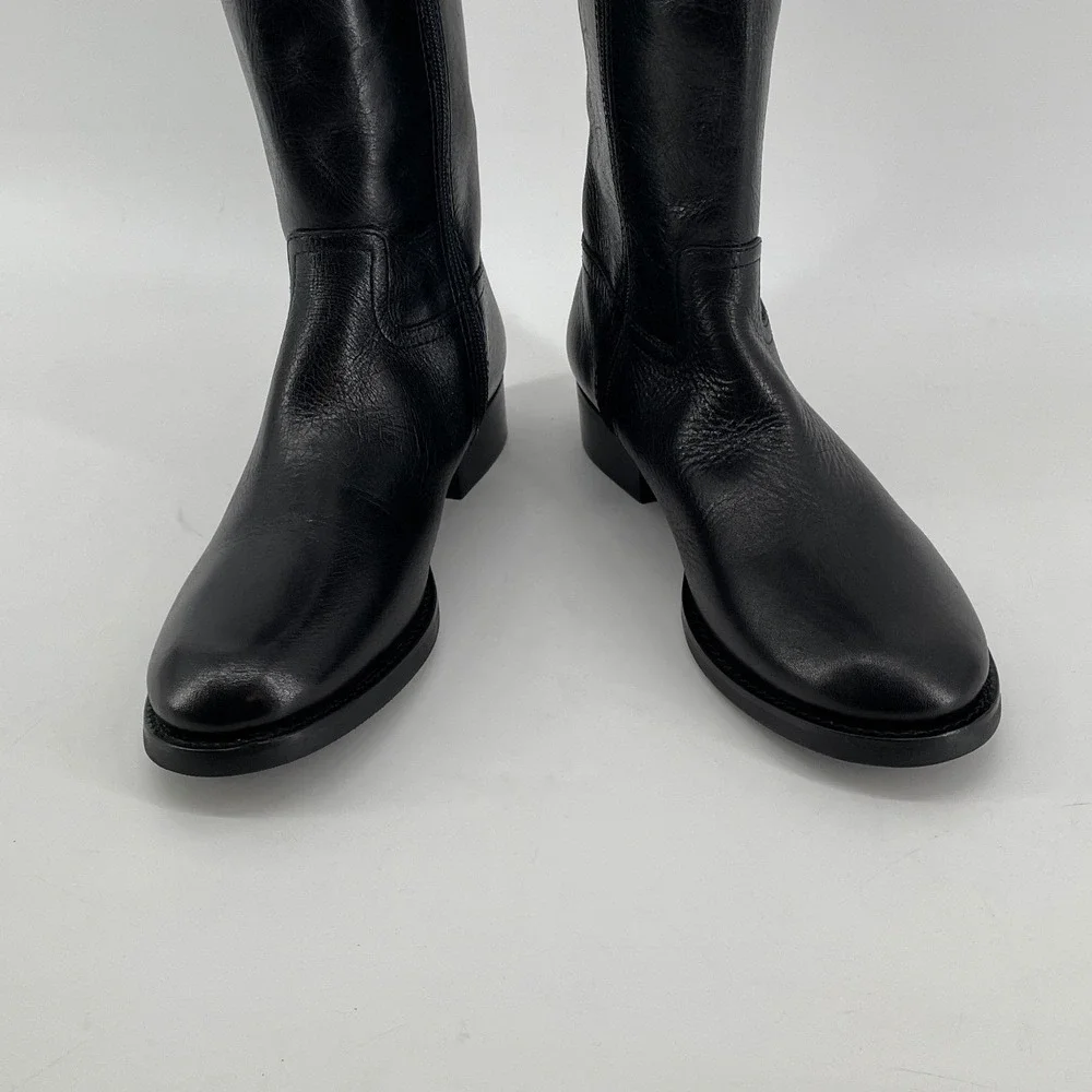 Tory Burch Riding Boots Womens 5M Black Leather Kiernan Gold Logo‎ Tall Zip